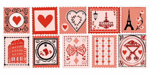 A collection of vintage style postage stamps featuring romantic and parisian themes © Hridoy