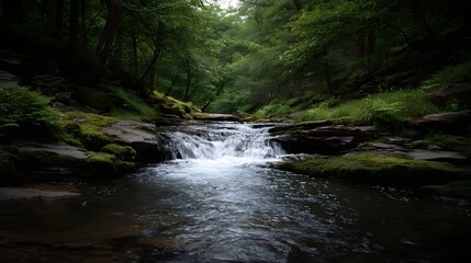 Obraz premium Serene forest stream with clear water flowing over mossy rocks and stones amidst lush green vegetation in d d sunlight