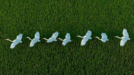 Stunning aerial view of elegant white egrets flying in perfect diagonal formation over a vibrant and textured green agricultural field.