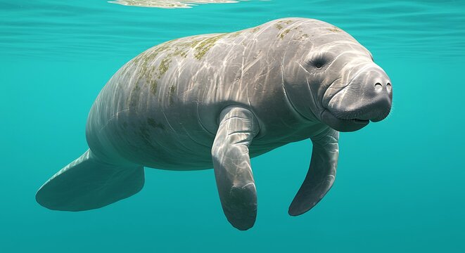 Large gray manatee swimming underwater in clear blue water with green algae on its back and flippers