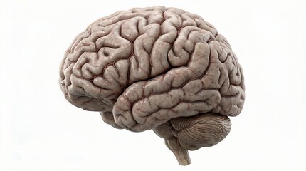 Side view of a detailed human brain model illustrating the folds and lobes responsible for cognitive function.