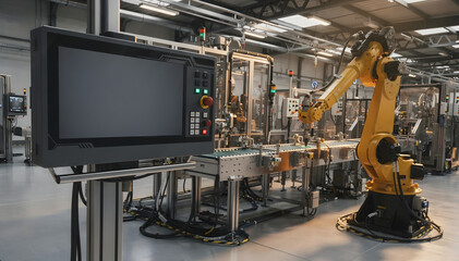 Fototapeta premium Automated Industrial Production Line with Robotic Arm and Control Panel in Modern Factory Setting for Efficiency and Innovation Development