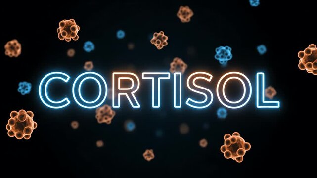 Neon 'CORTISOL' text with glowing abstract biological particles, visualizing the crucial stress hormone's role in human health, physiological responses, and body system regulation