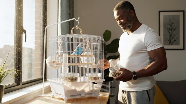 Man feeding a blue bird in a cage by the window.