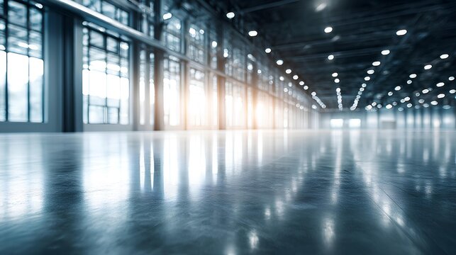 Industrial Marvel: An expansive, empty industrial space, with clean lines and a reflective floor. The architecture is emphasized by natural light pouring in.