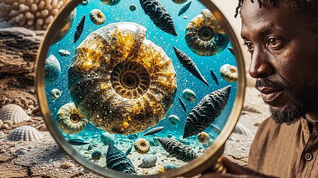 Man examines ancient ammonite fossil through magnifying glass.