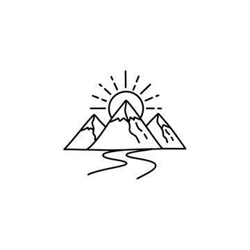 Minimalistic Mountain Landscape with Sun and Path Illustration for Nature Themes