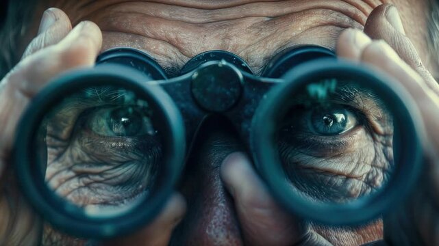 Close-up of man focusing through binoculars