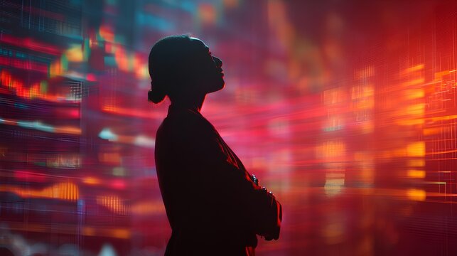 Silhouette of Financial Strategist: A determined figure stands in silhouette, arms crossed, contemplating intricate financial data and market trends displayed on a dynamic screen.