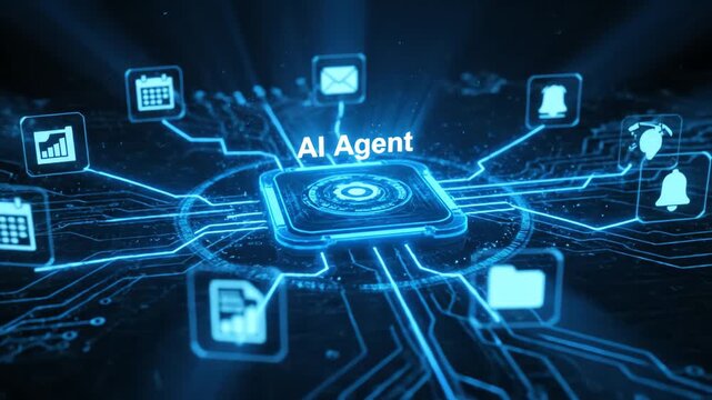 AI Agent technology connecting various digital services and applications through a central processing unit illustration
