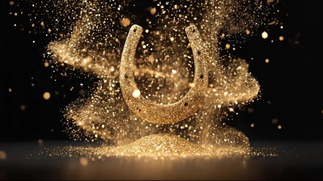 Glowing horseshoe formed by golden particles, set against a dark background with scattered bokeh lights