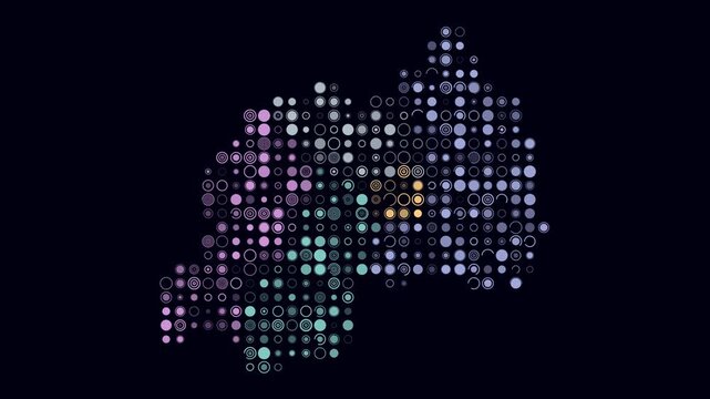 Rwanda animated country shape. Pulsating colored dots on the map of the country. Large size circle blocks. Digital style Rwanda map on dark background. Creative animation video.