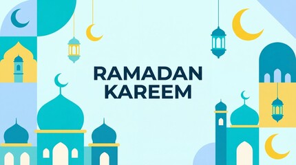Fototapeta premium Ramadan Kareem Greeting with Mosques and Crescent Moons.