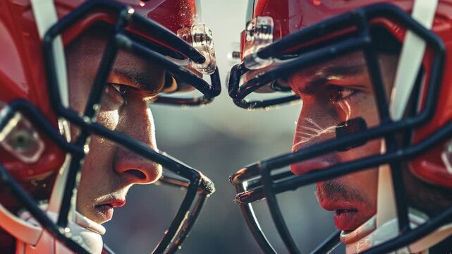 Two football players looking intently at each other, ready for action.