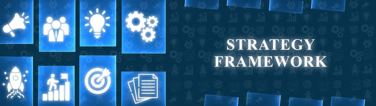 Strategy framework business concept with glowing icons and text on a dark blue background with patterns