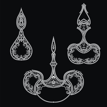 Set of oriental vessels - black and white pattern of small dots for design. Ethnic cliche with beads and decorative elements of various ornaments, deco template. Vector print