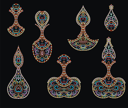 Set of oriental vessels - colorful pattern of small dots for design. Bright  ethnic cliche with beads and decorative elements of various ornaments, deco template. Vector clipart