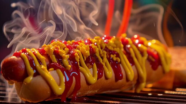 Delectable Grilled Hotdog: A tantalizing grilled hotdog, adorned with vibrant ketchup and mustard, emanates a savory steam, set against a dark background.