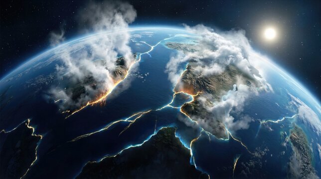 Creation of the firmament and separation of waters on early Earth, genesis story day 3. Science fiction concept of planetary formation.