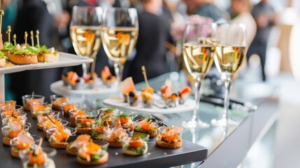 Fototapeta premium Elegant catering display with gourmet appetizers and champagne glasses at a social event. Background features blurred guests in formal attire.