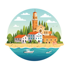 Naklejka premium Coastal village illustration featuring buildings and water