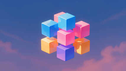 Obraz premium Floating Colorful 3d Cubes Arranged in Cluster Against Gradient Sky Background for Modern Tech or Creative Concept Design