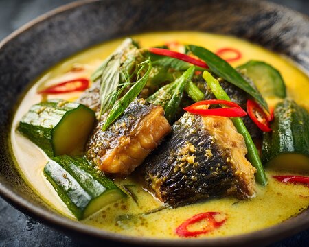 Sayur mangut featuring smoked fish spicy coconut broth firm fish texture rich sauce detail Indonesian dish realism clean professional stock photo sharp macro photography style cinematic realism ultra