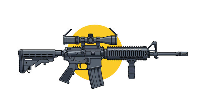 Detailed illustration of a modern tactical assault rifle with a telescopic scope, vertical grip, and a magazine.