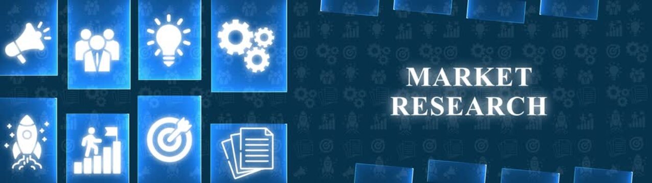 Business Strategy Icons and Market Research Text on a Blue Gradient Background with Pattern image photo