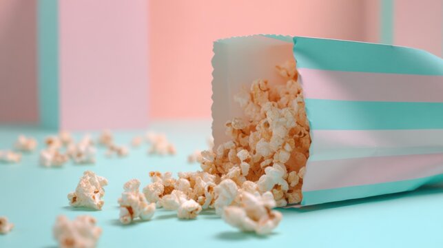 Popcorn spills from a colorful box on a bright table