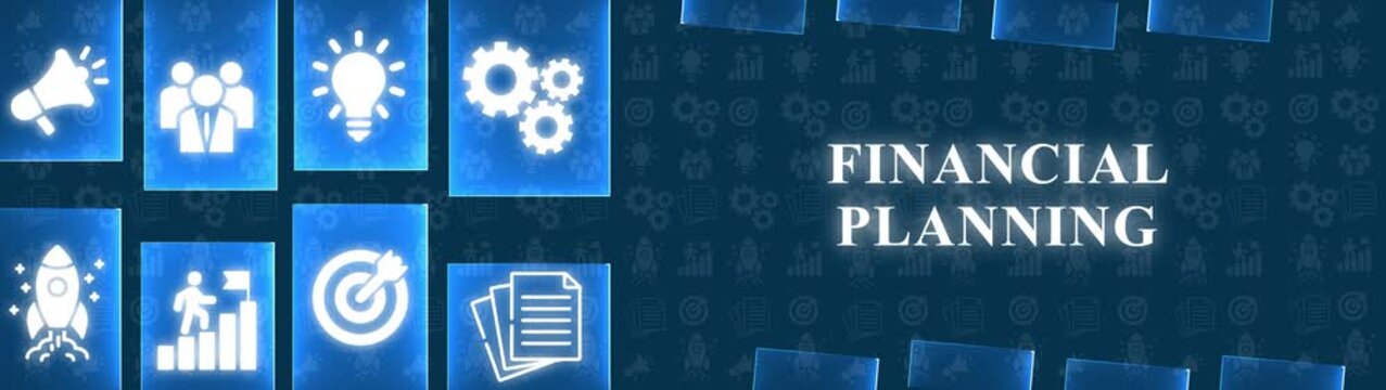 Business Strategy Icons and Financial Planning Text on a Blue Gradient Background with Pattern image