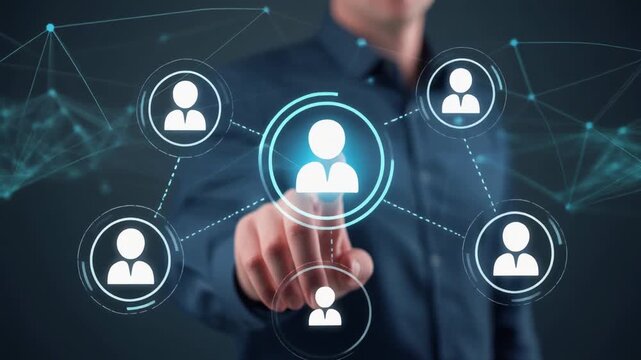 A person interacting with a network of connected human icons, suggesting a concept of networking or connection