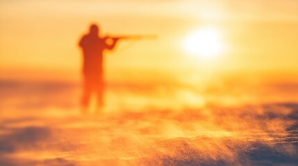 Fototapeta premium Hunting at sunset on a snowy landscape with a blurred silhouette