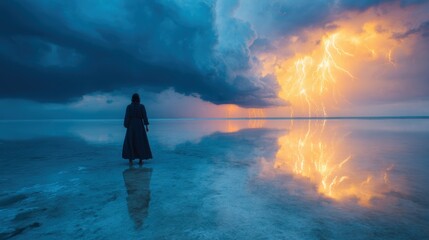 Obraz premium Person stands on water during stormy weather at sunset with lightning in the sky