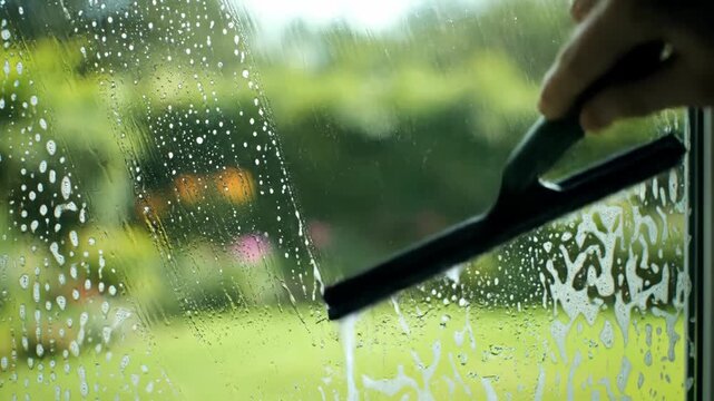 Person cleaning window with squeegee and soap foam. Spring cleaning home chore concept. Window washing background.