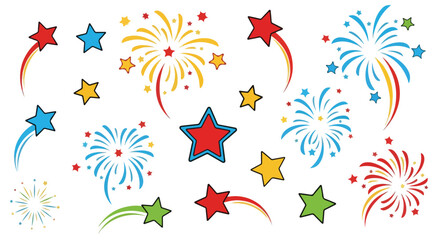 Obraz premium Colorful graphic illustration of fireworks and stars in various colors on a white background.