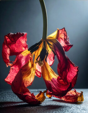 チューリップ Tulip 154 Close-up of a Withered Red Tulip Hanging Dramatically with Fallen Petals in Backlighting（逆光の中で散った花びらと共にドラマチックに垂れ下がる枯れた赤チューリップのクローズアップ）