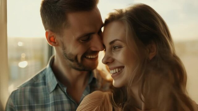 A joyful moment shared by two individuals looking out of a window with a warm and inviting ambiance.