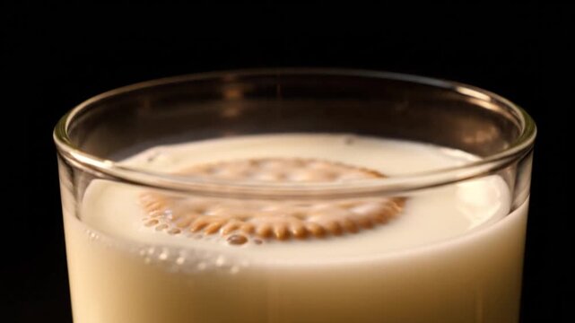 Close up of dipping a round biscuit into a glass of fresh milk on black background. Tasty cookie dunking in dairy beverage.