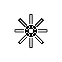 Obraz premium Abstract icons of a radiant geometric shape like a faceted jewel representing lightbound energy, and swirling lines for a glowing trail, on white.