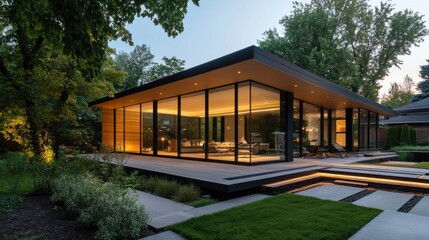 Fototapeta premium Contemporary Glass and Wood Pavilion Home in Lush Landscape