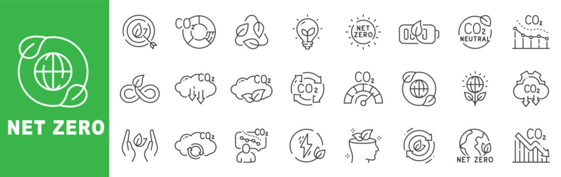 Net zero and carbon neutral outline icon set featuring CO2 emission reduction, renewable energy, sustainability strategy, climate action