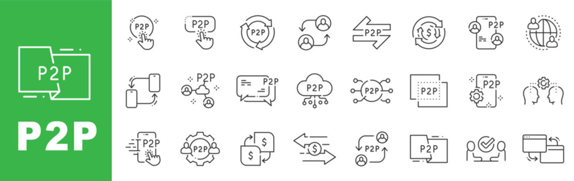 P2P peer to peer outline icon set featuring digital payment, decentralized network, online transaction, money transfer, fintech technology