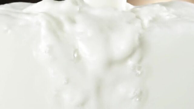 Super slow motion of pouring milk, splashing and filling the screen to white.