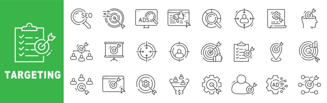 Targeting outline icon set featuring SEO, digital advertising, audience segmentation, analytics, conversion goals and marketing strategy in editable stroke line style