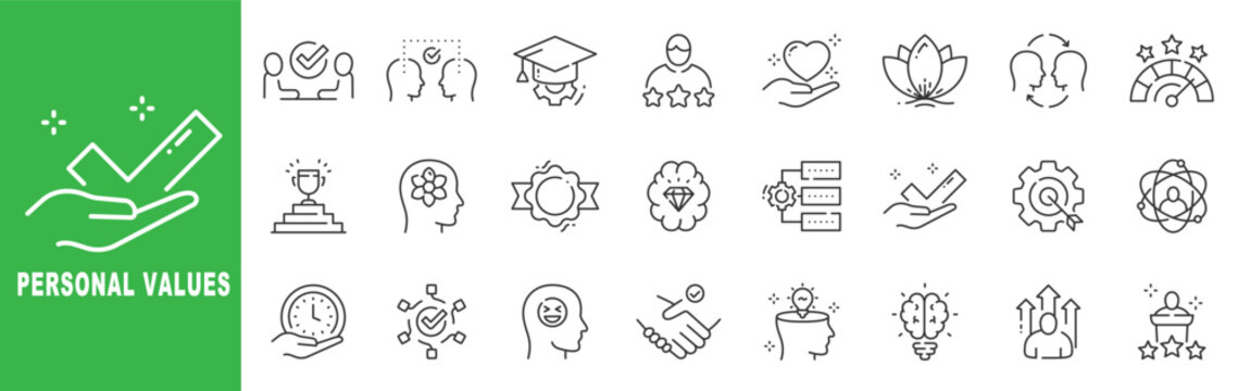 Personal values outline icon set featuring integrity, trust, teamwork, leadership, self development, motivation, achievement, empathy and excellence symbols in editable stroke line design