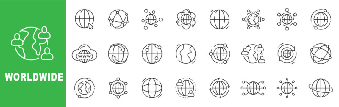 Worldwide outline icon set featuring globe, global network, international connection, worldwide web and cross-border communication symbols in editable stroke line style