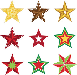 Obraz premium Colorful Star Shapes Set with Decorative Patterns and Festive Five Pointed Icons Vector Collection