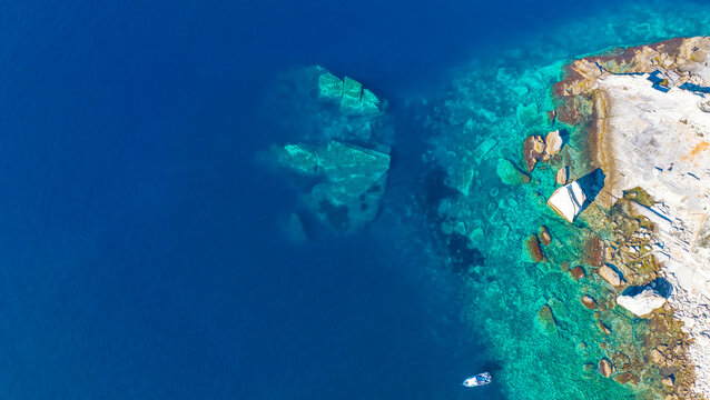Drone photograph in the field of sail rocks in Foca district of Izmir province. Yelkenkaya - Foca