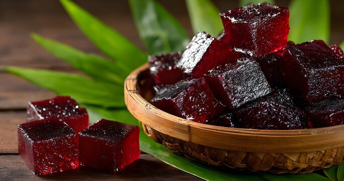 Jenang highlighting sticky rice dessert thick glossy texture deep sweet color traditional Indonesian sweet realism clean professional stock photo sharp macro photography style cinematic realism ultra